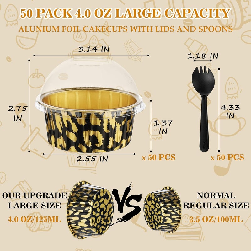 BAKINGPAK Aluminum Foil Baking Cups with Lids, 50PCS 4OZ Mini Cake Pans with Lids Cupcake Liners with Lids Individual Cupcake Containers for Birthday Children Party, Gold Leopard Print - Image 2
